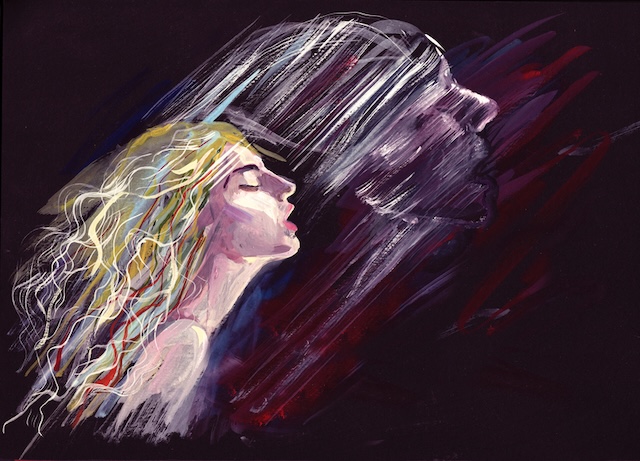 女性の魂が肉体を離れていく絵画